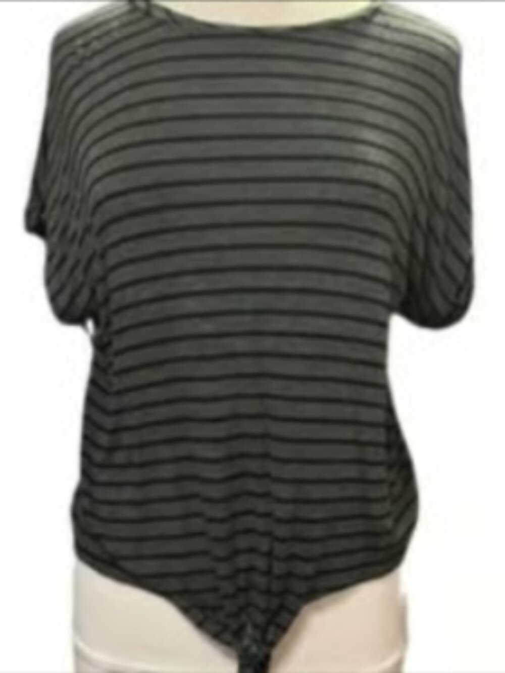 Lily Star Green Black Stripe Tie Front Short Sleeve Top Lightweight Casual Basic